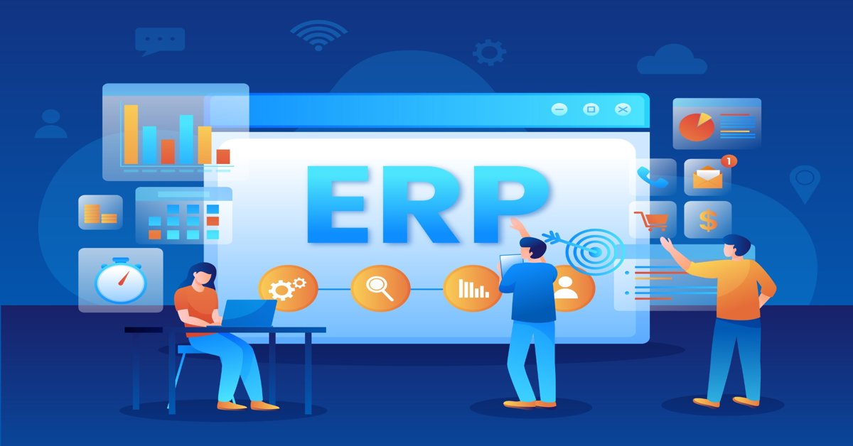 Ilustración de personas interactuando con un sistema ERP y gráficos de análisis